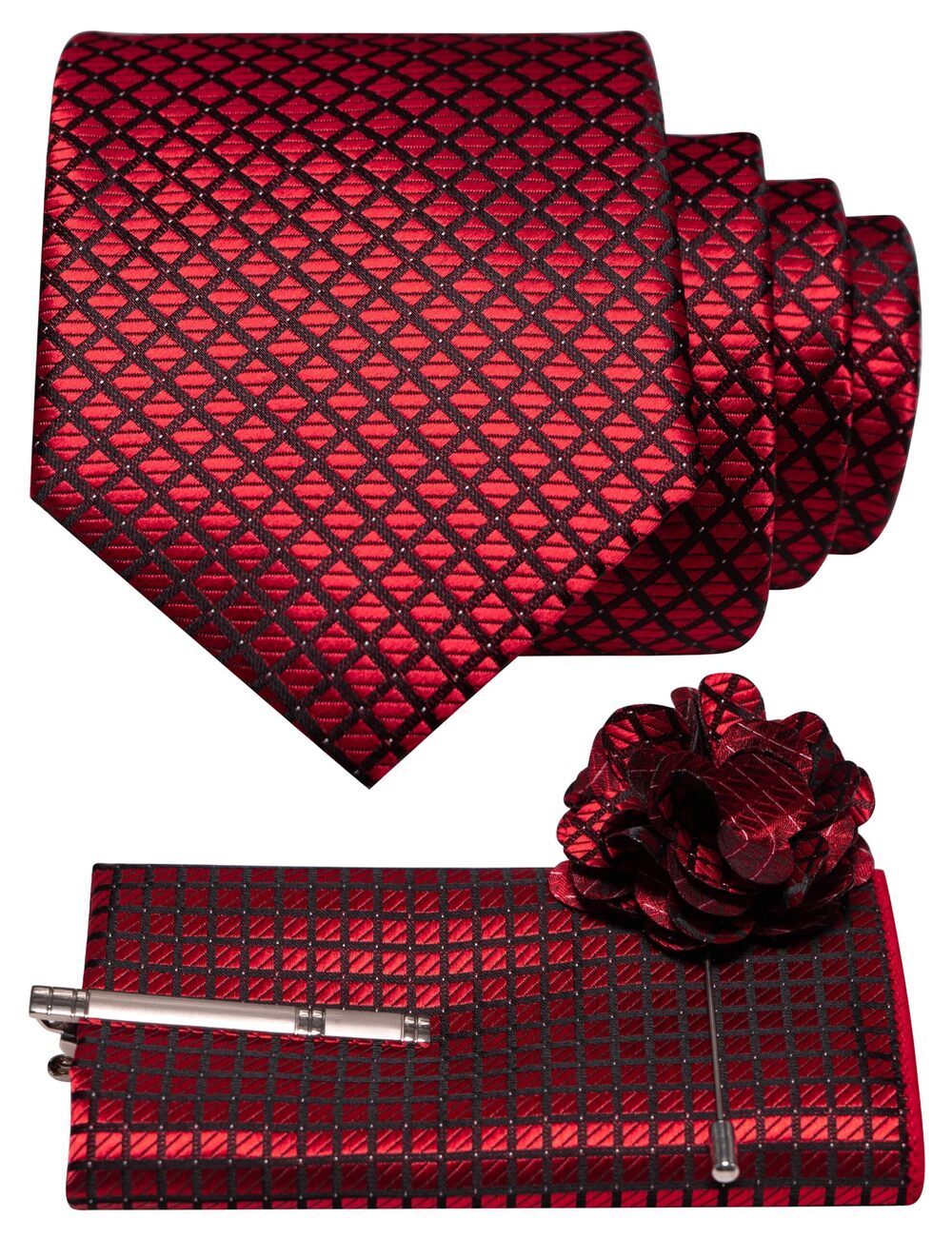 6541 Plaid Red Tie and Lapel Pin Necktie Pocket Square and Tie Clip